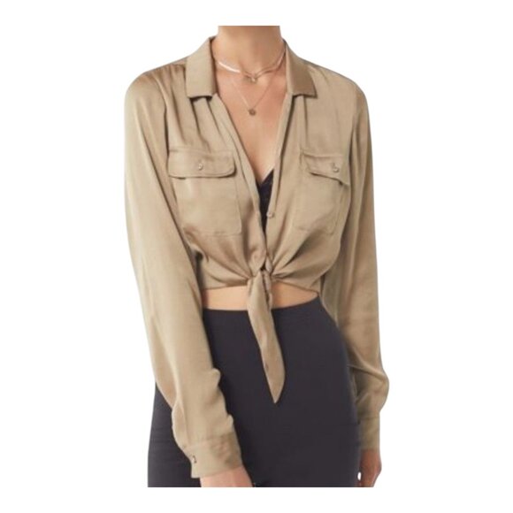 Urban Outfitters Logan Cropped Satin Tie-Front Button-Down Top Women's Small - Picture 1 of 8